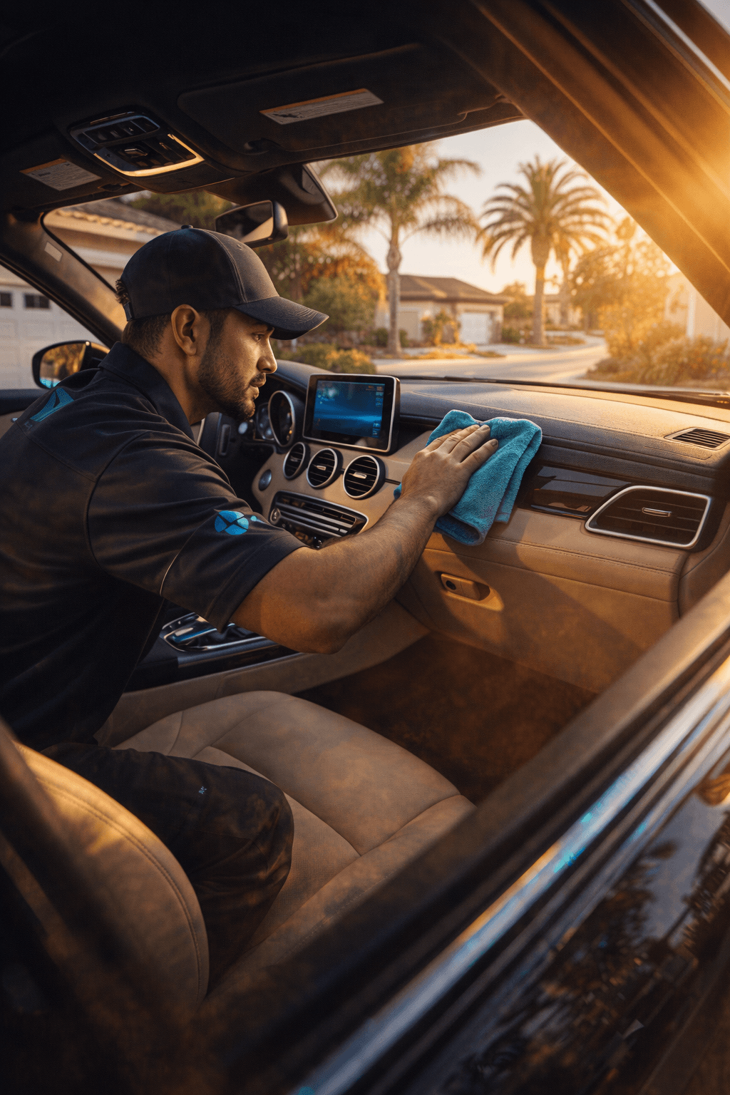 Magic Mike Car Wash mobile detailer performing interior deep cleaning on a luxury vehicle in a sunny Chula Vista driveway