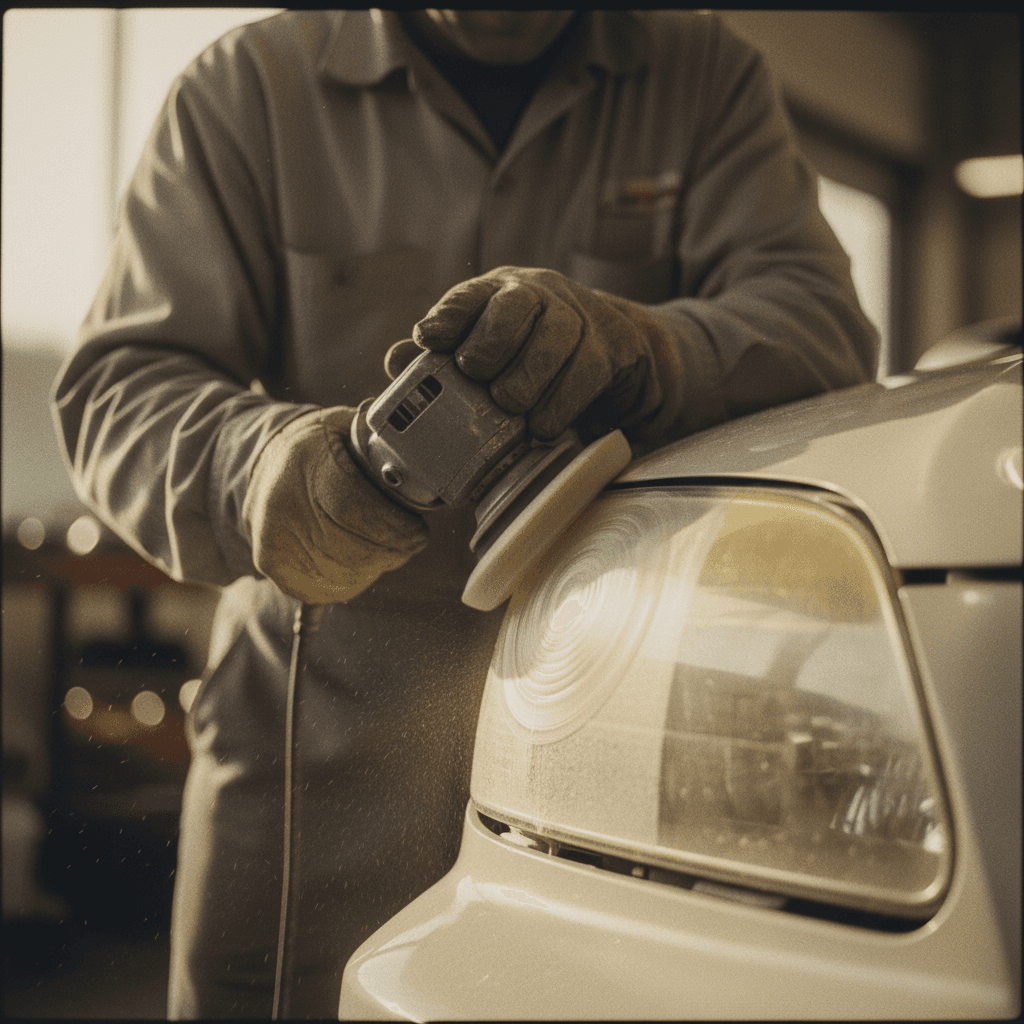 Technician restoring clarity to cloudy vehicle headlight lens
