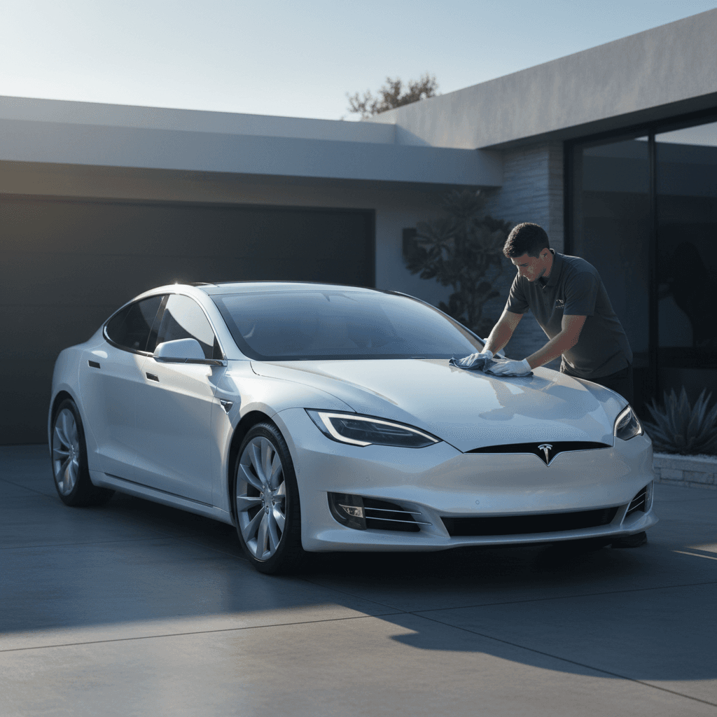 Technician safely detailing a premium vehicle like a Tesla with professional care
