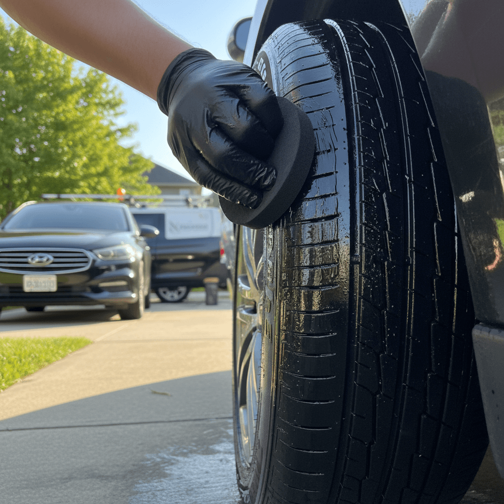 Applying professional tire shine