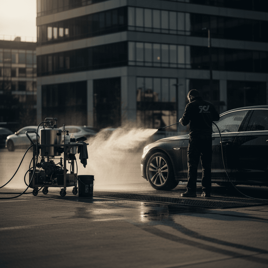Professional technician washing a sedan at an office parking lot