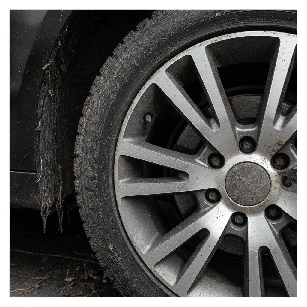 Vehicle tires and wheels heavily soiled with brake dust and dirt
