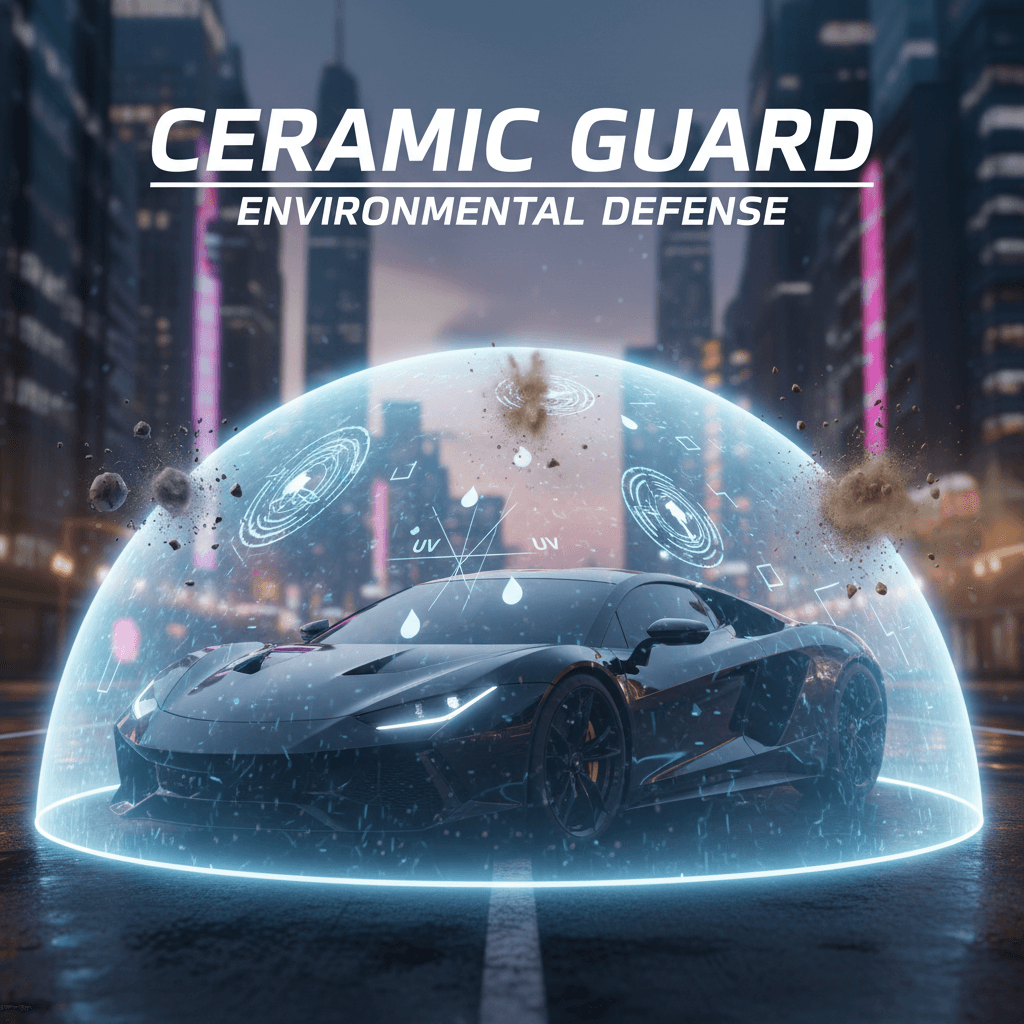 Car protection barrier visualization showing ceramic coating shielding vehicle from environmental damage