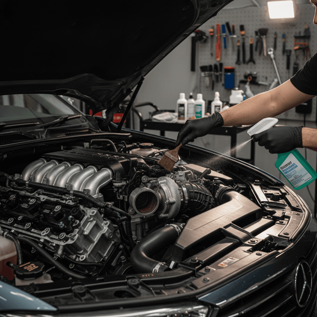 Industrial documentary aesthetic wide shot of an open vehicle hood with engine bay visible.