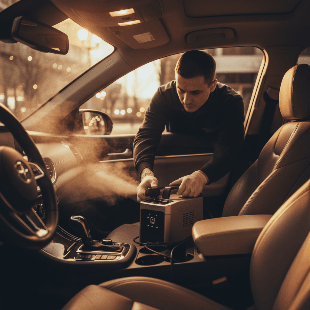A warm, intimate candlelit aesthetic medium shot of a technician using an ozone treatment device inside a car cabin.