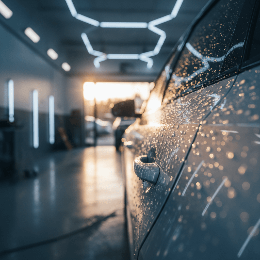 Deionized water rinse creating perfect water beads on car surface