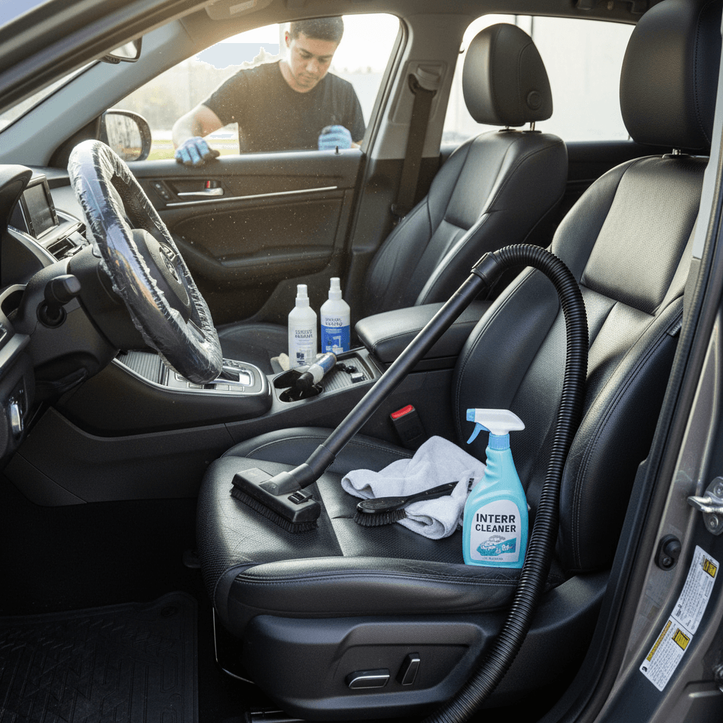 Interior car detailing with vacuum and cleaning products on car seats
