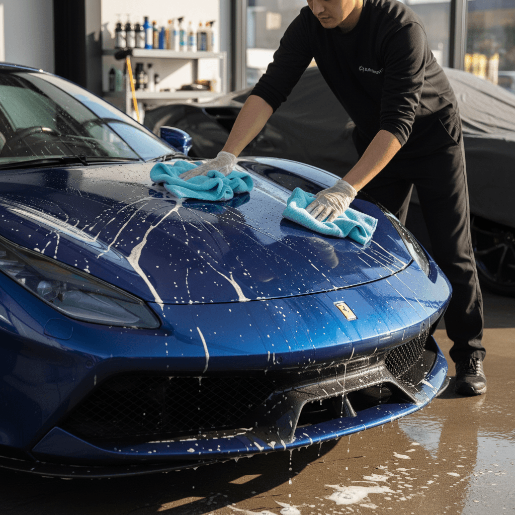 Professional detailing a luxury vehicle with precision care
