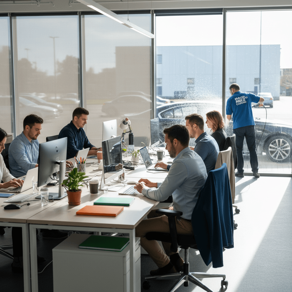 Office team working while fleet washing happens outside in parking lot