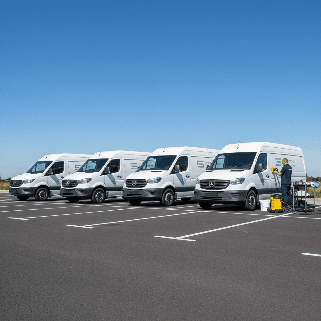 Multiple company fleet vehicles lined up and freshly washed in parking lot