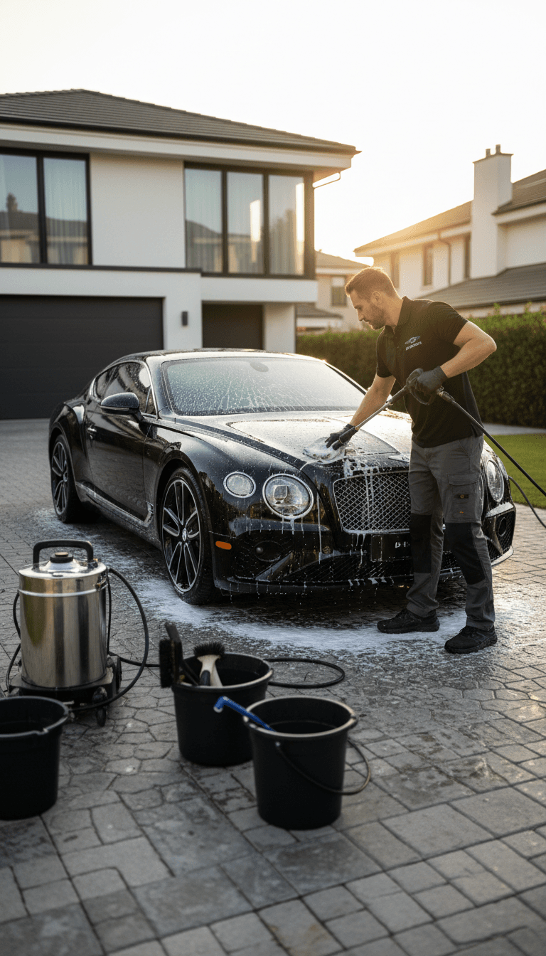 Mobile car detailing professional washing a car at customer's home