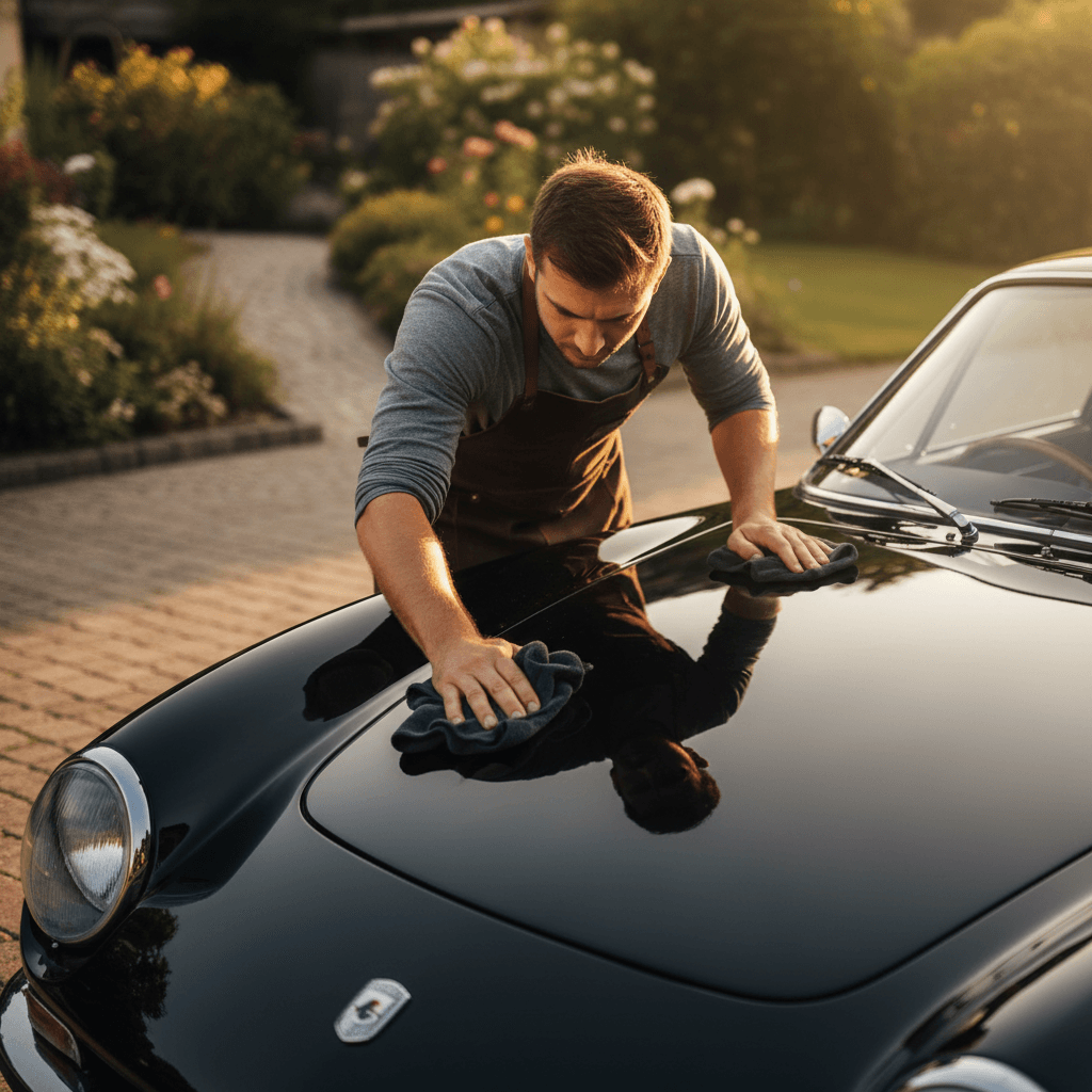 Professional detailer polishing vehicle exterior with microfiber cloth