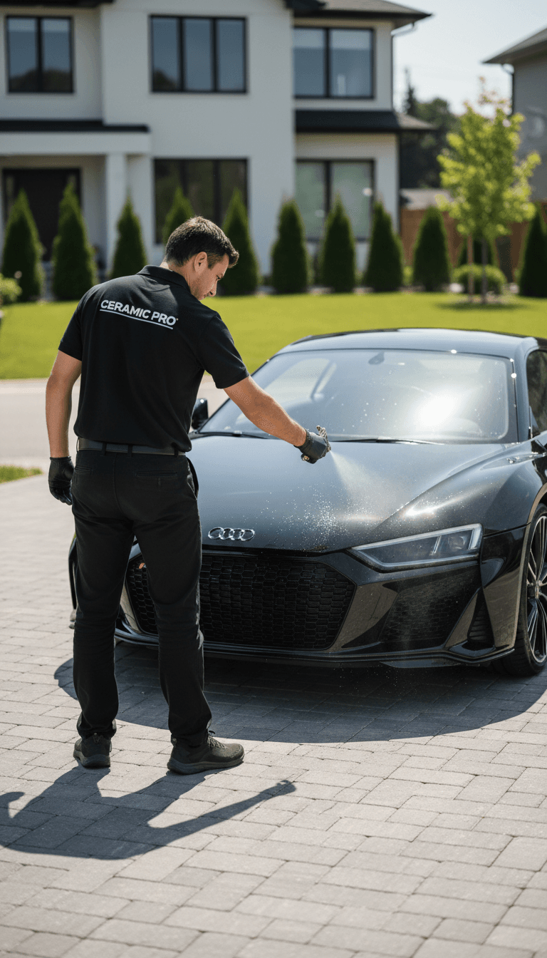 Professional detailer applying ceramic coating to a black luxury car in a sunny driveway.
