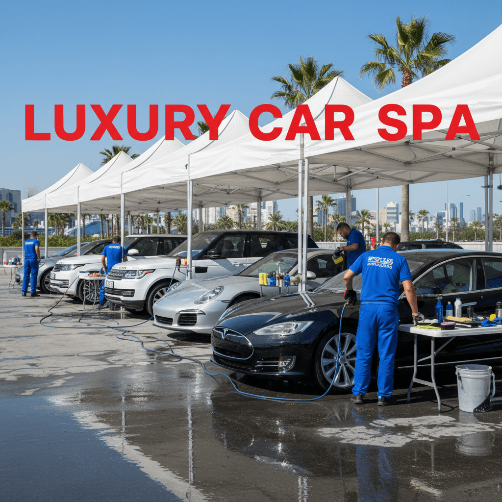 Multiple vehicles lined up being professionally washed and detailed in outdoor setting