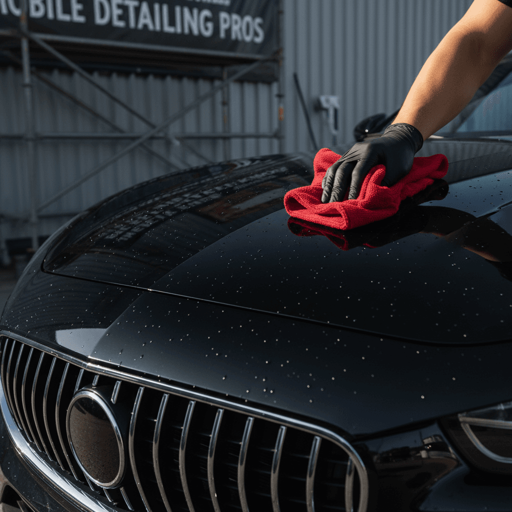 Professional detailer buffing a freshly polished car hood