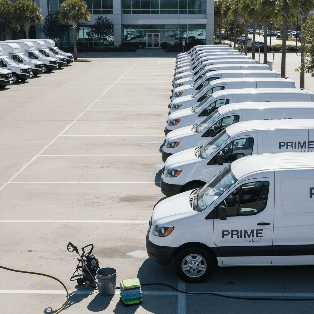 Fleet of clean company vehicles in organized parking lot