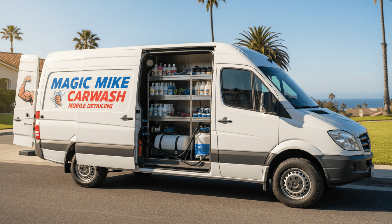 Magic Mike Car Wash van with open doors and detailing equipment