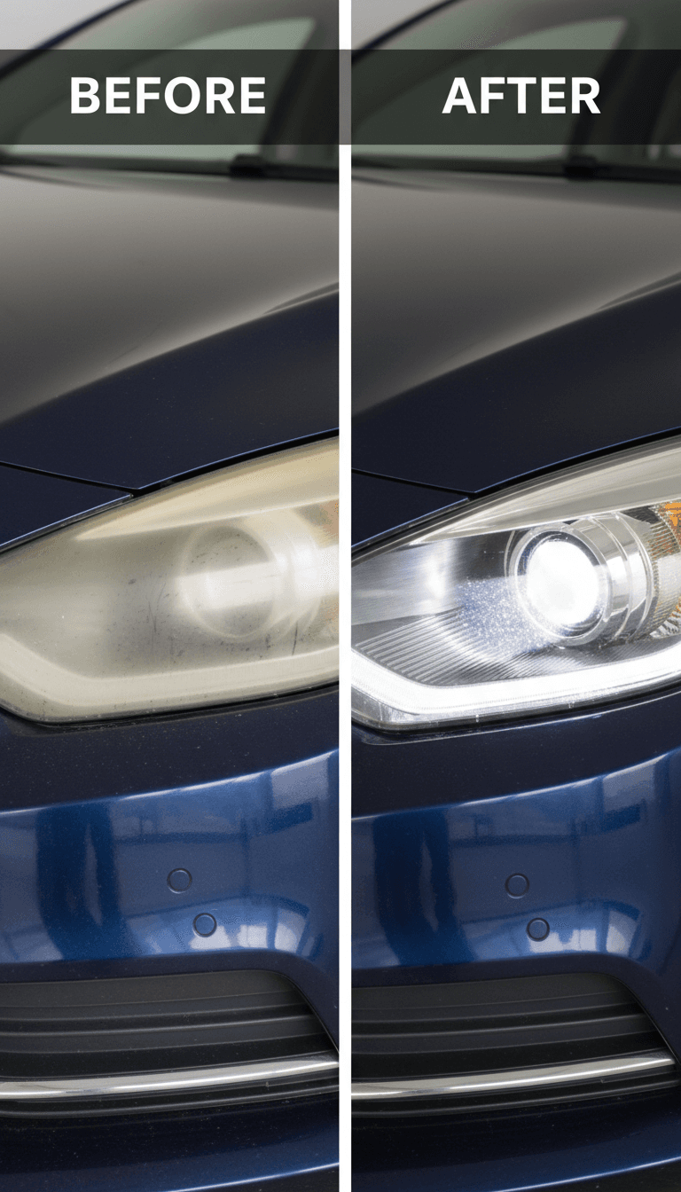 Professional car headlight before and after restoration comparison bright clear headlights
