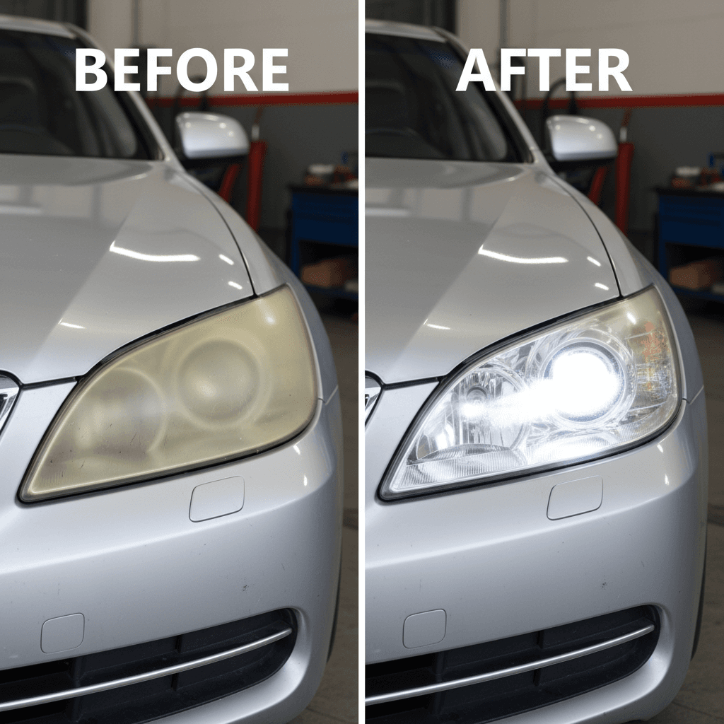 Before and after headlight restoration showing clarity improvement