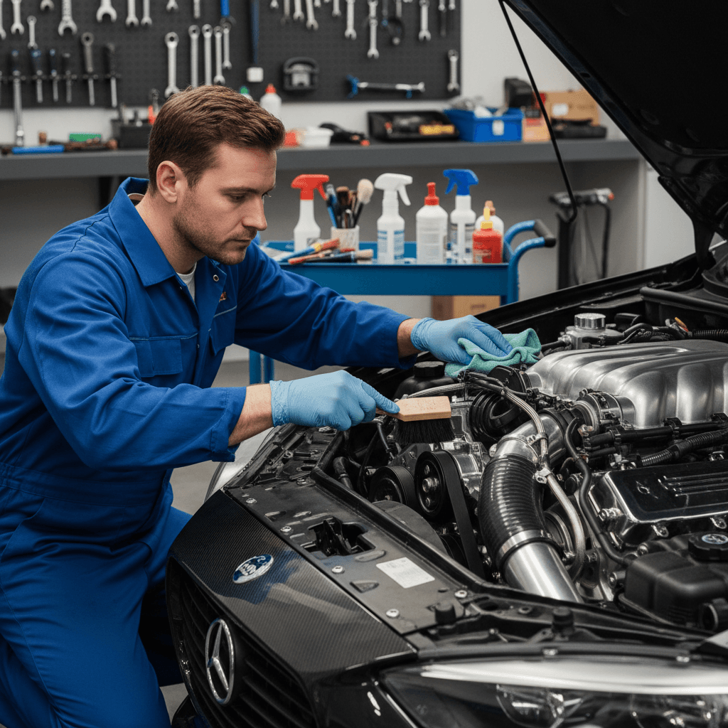 Engine bay cleaning with professional equipment