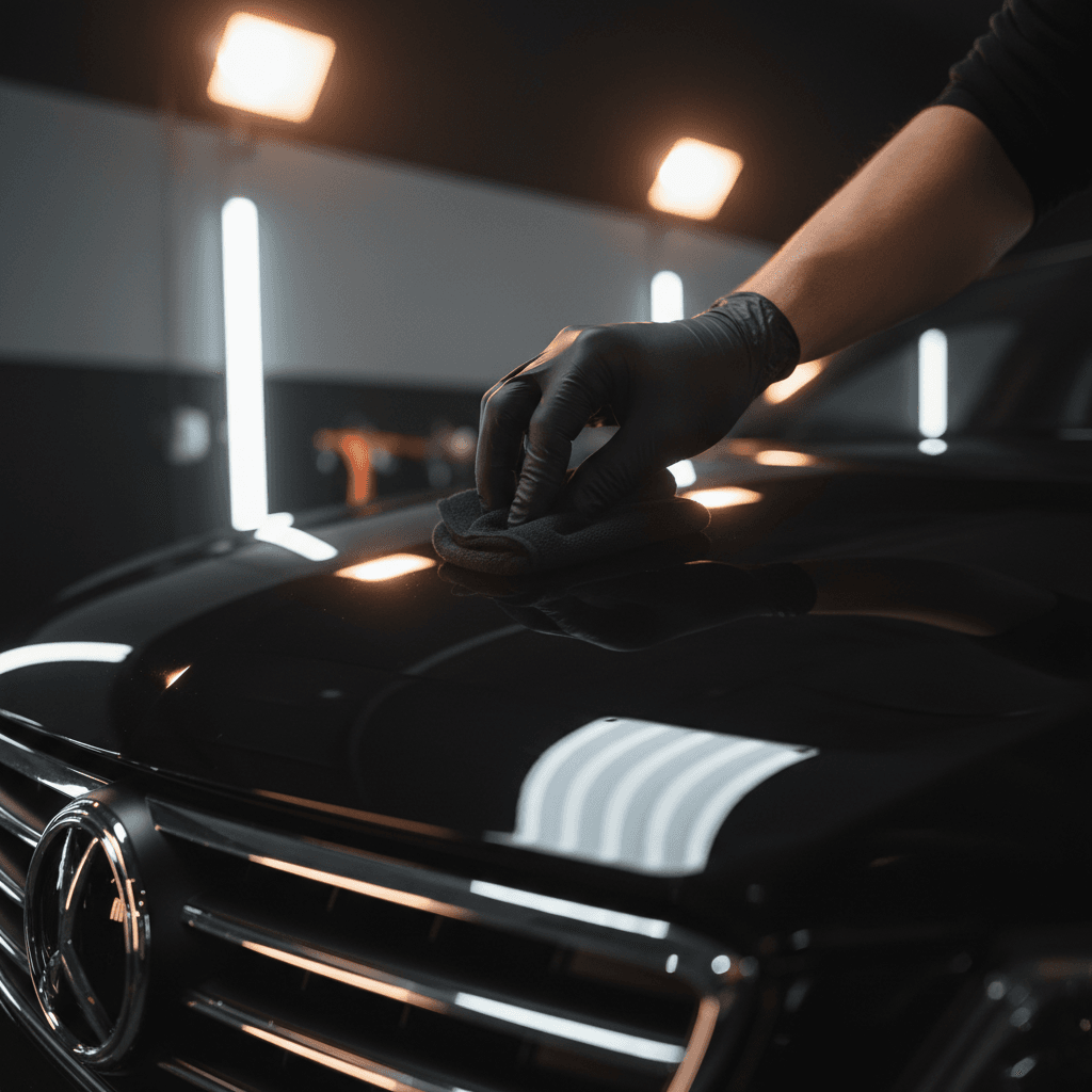 Professional car detailer working on vehicle in modern garage with natural lighting