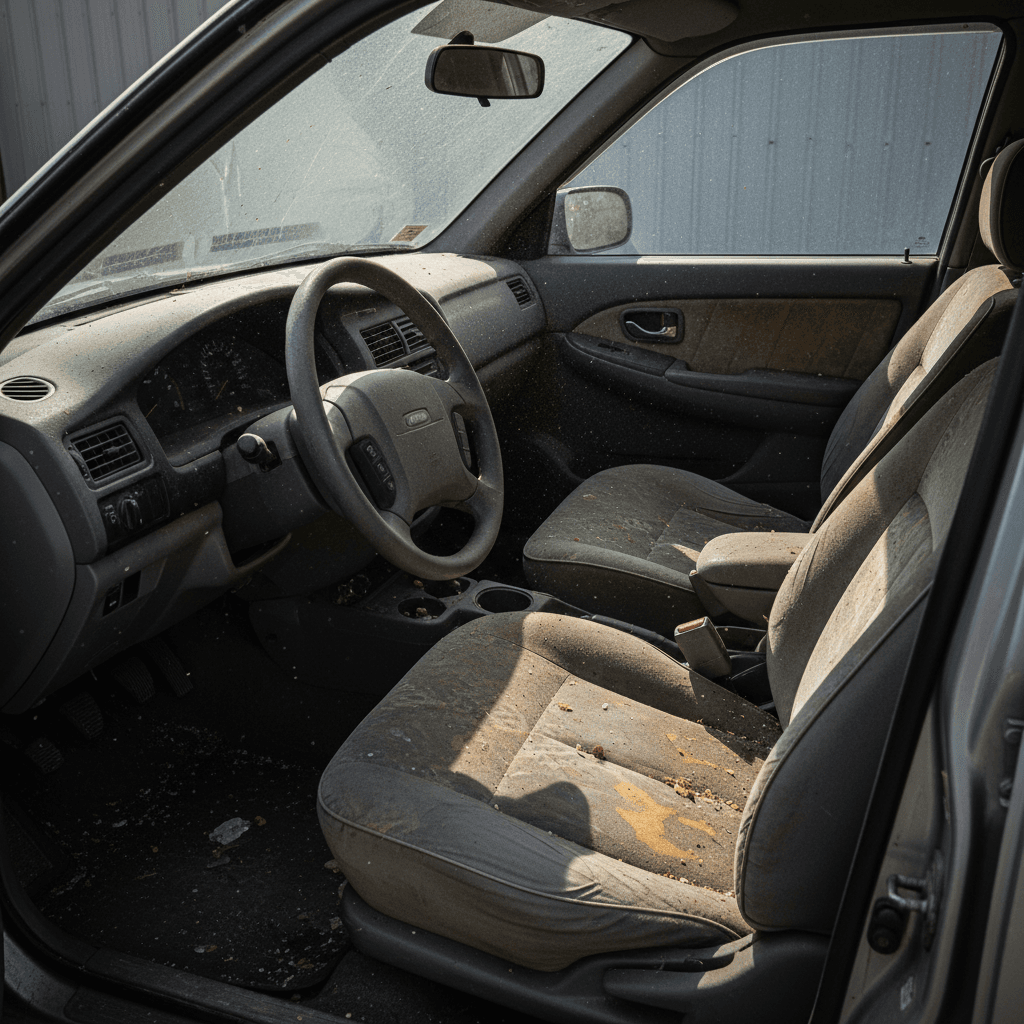 Car interior heavily soiled with dust and stains before cleaning
