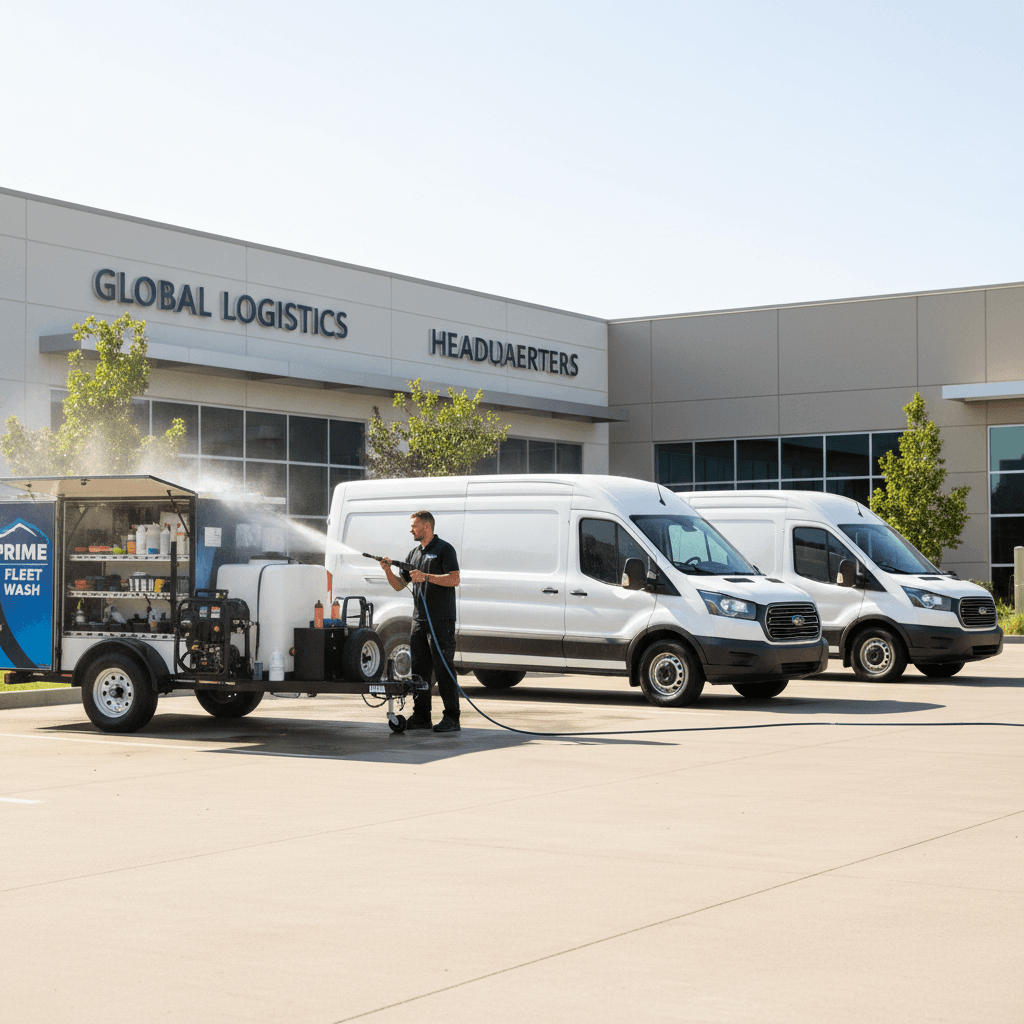 Fleet washing service with multiple vehicles being detailed