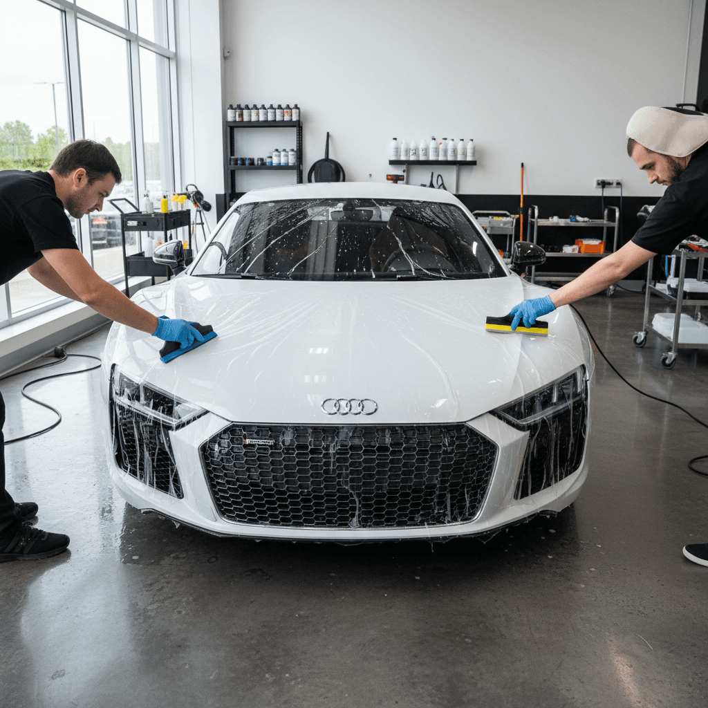 Paint protection film being installed on car hood and bumper