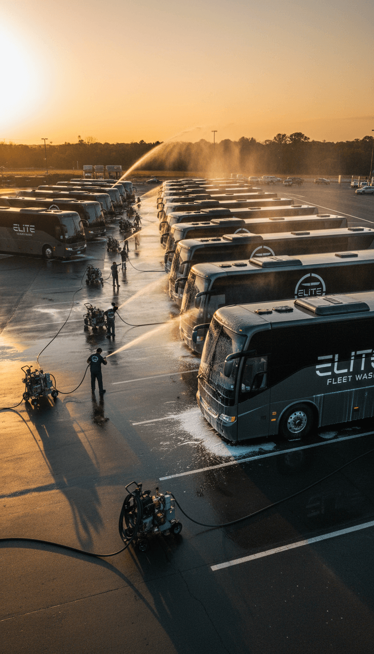 Professional fleet washing service washing multiple company vehicles in organized rows