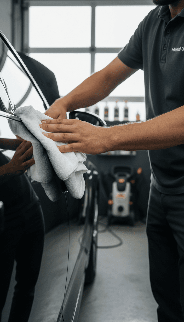 Mobile car detailer buffing a vehicle with professional microfiber cloth
