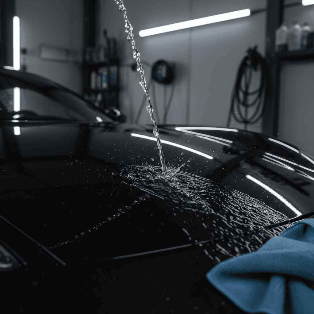Water cascading off freshly washed car hood with glossy finish