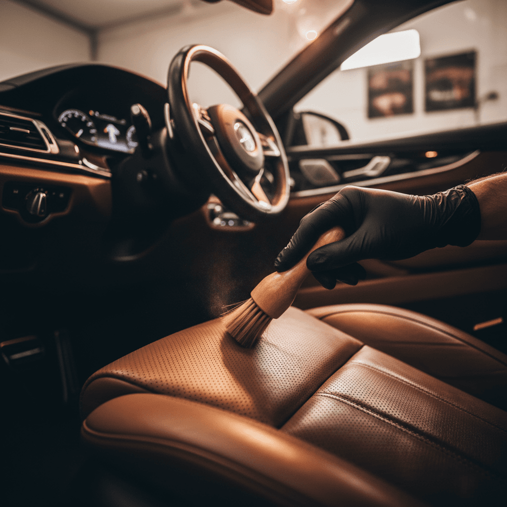 Interior leather seat being detailed with precision brush