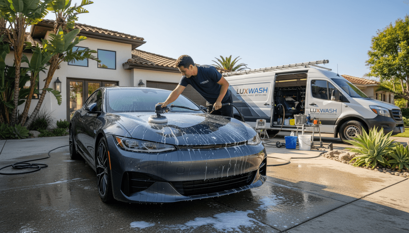 Mobile car wash service detailing a car in a residential driveway in San Diego