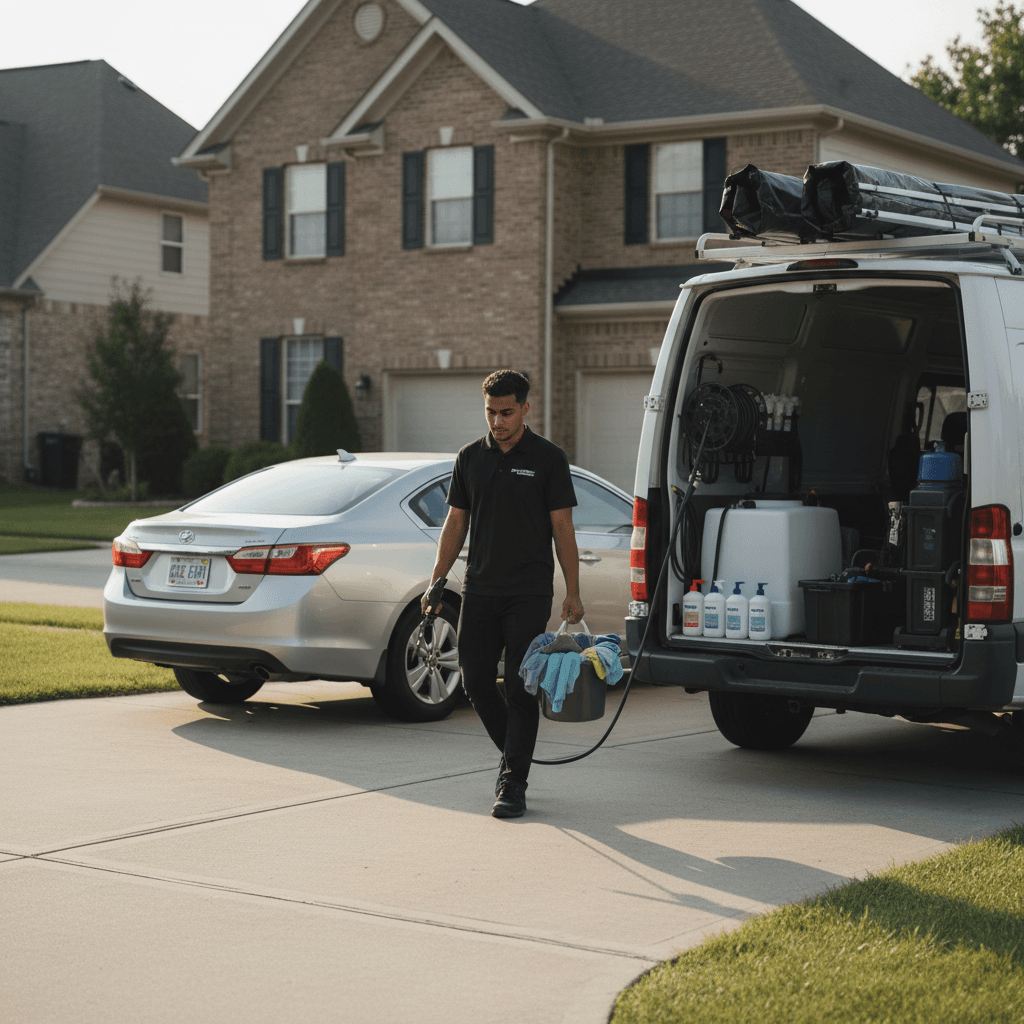 MAGIC MIKE CARWASH technician arriving at a home with mobile detailing equipment