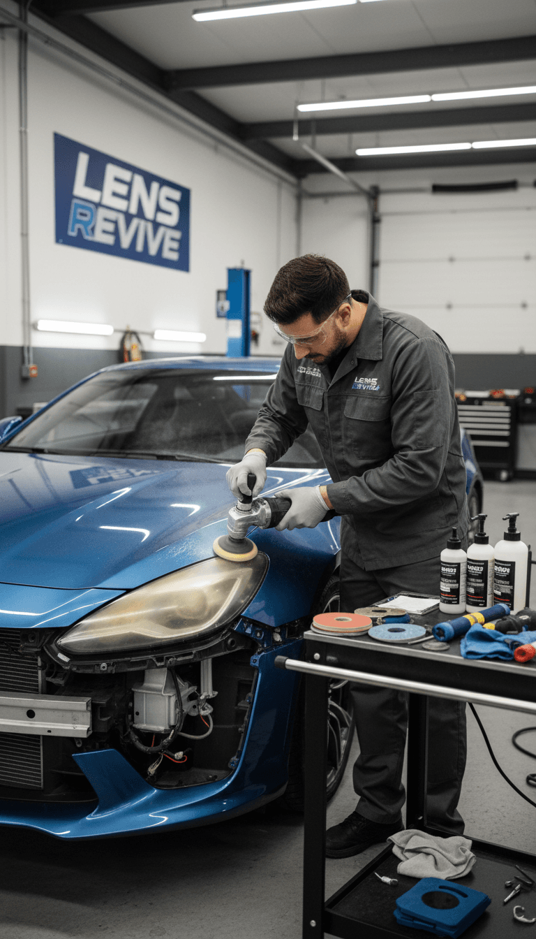 Technician performing headlight restoration on vehicle