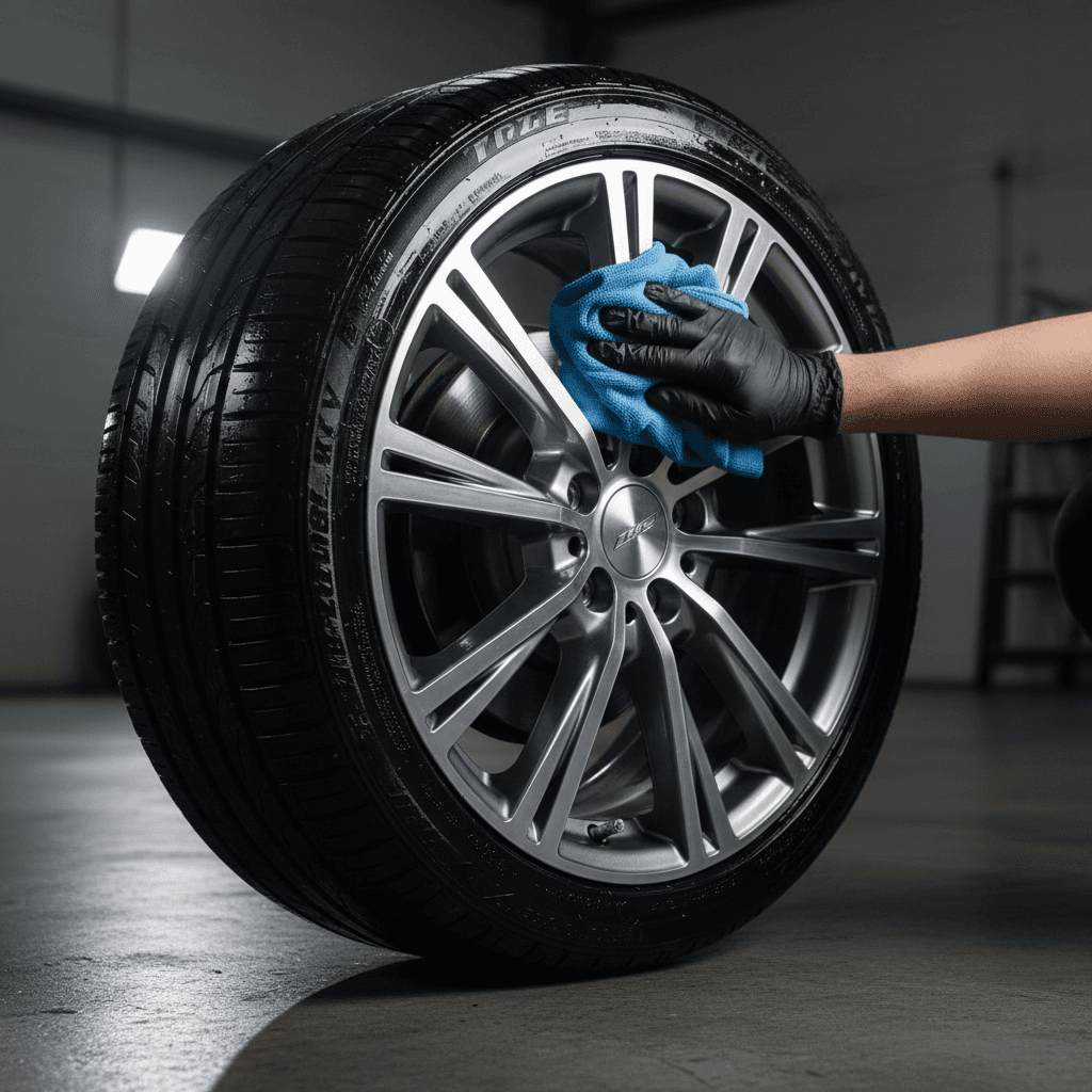 Wheel and tire being buffed to a professional shine