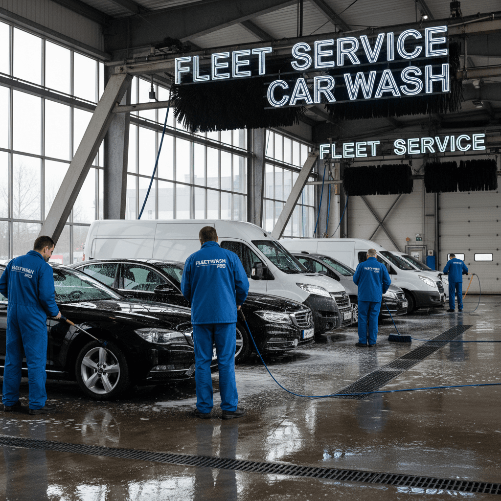 Multiple cars lined up being washed professionally in fleet service