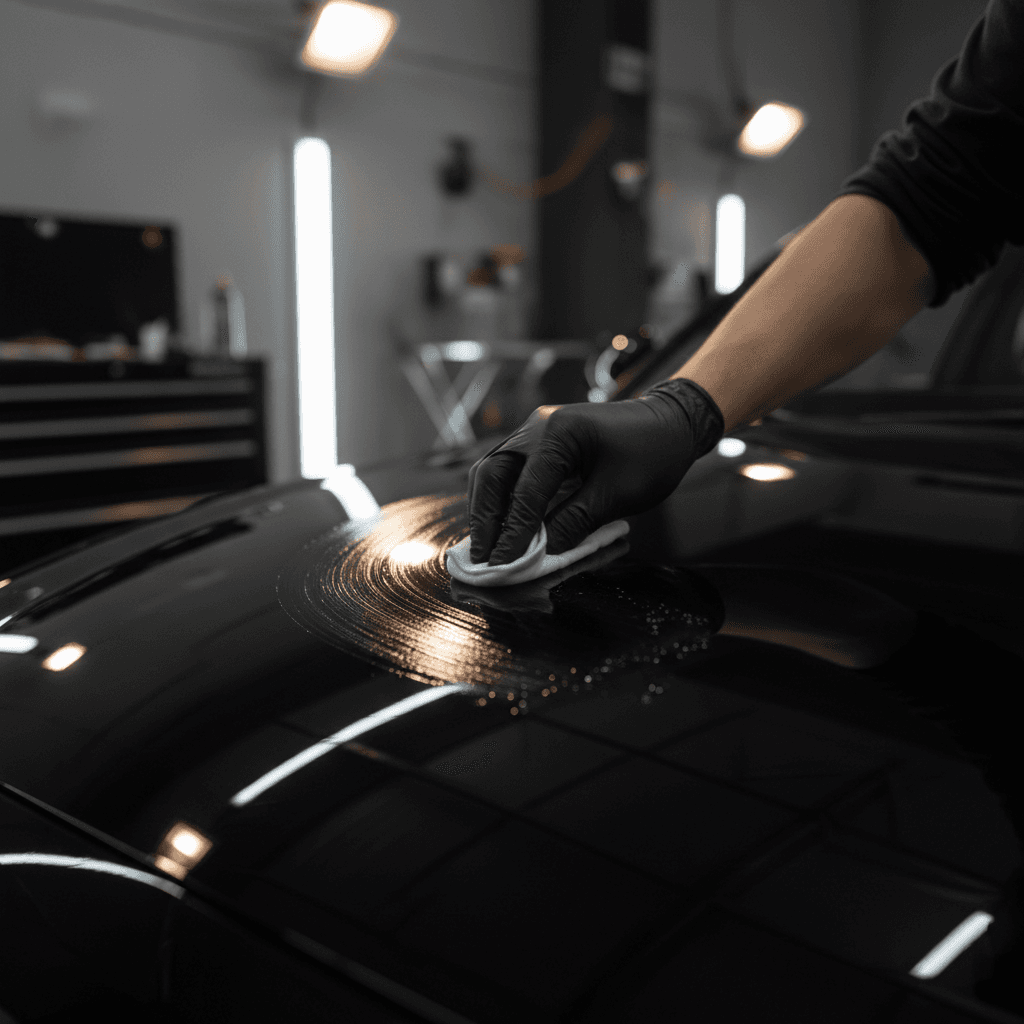 Ceramic coating being applied to car paint with applicator pad