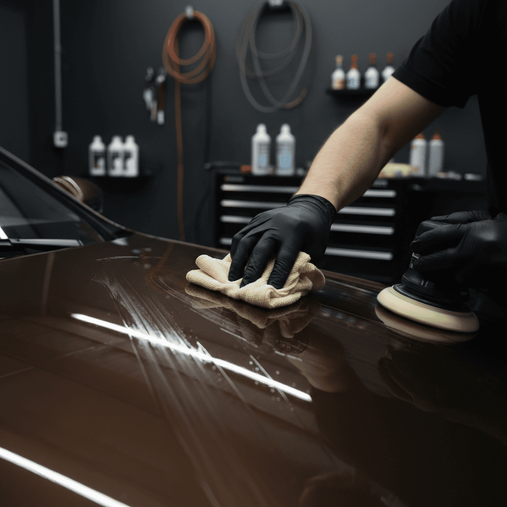 Technician performing precision hand detailing on a vehicle's paint