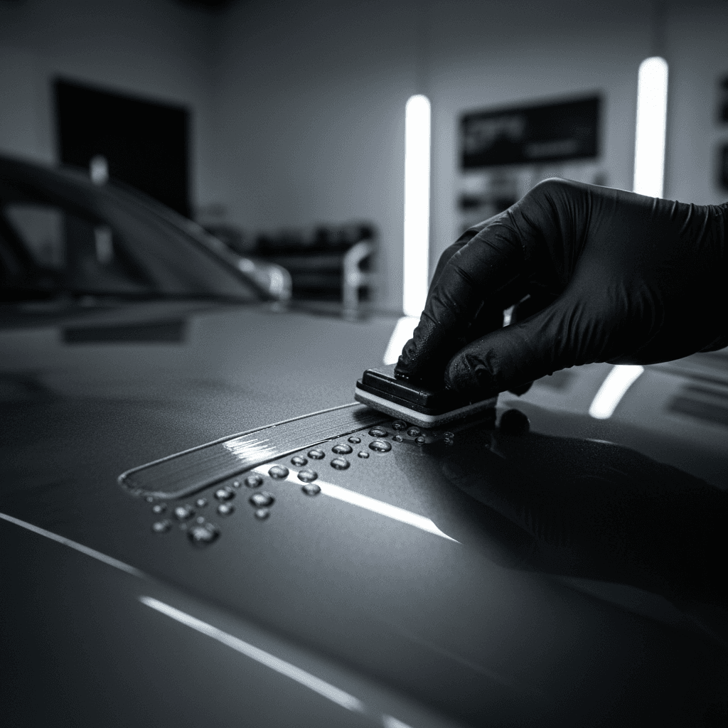 Ceramic coating application showing water beading protection