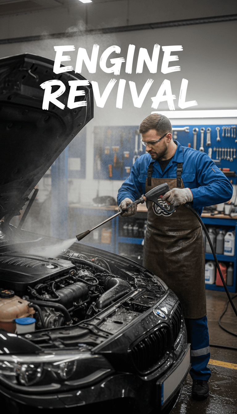 Professional cleaning of an engine bay with detailed attention to engine components