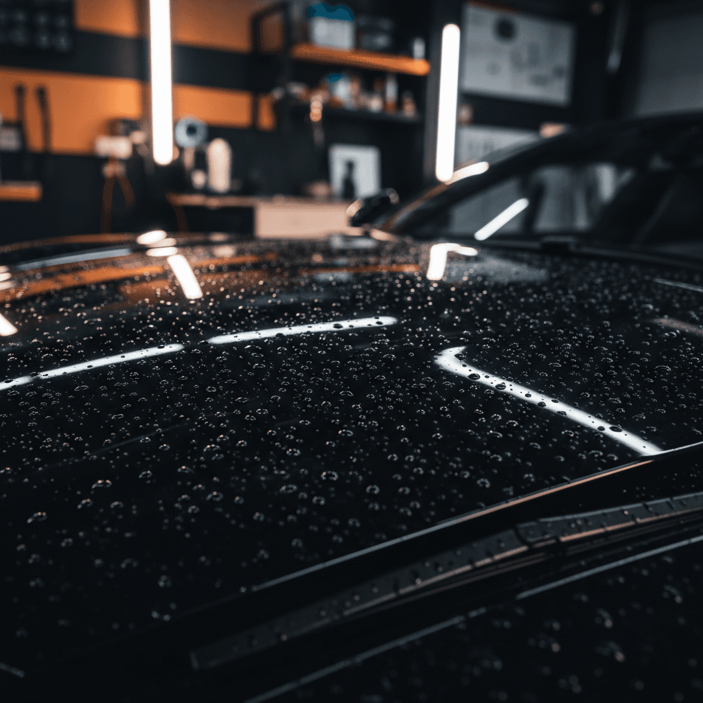 Glossy detailed car hood with water droplets
