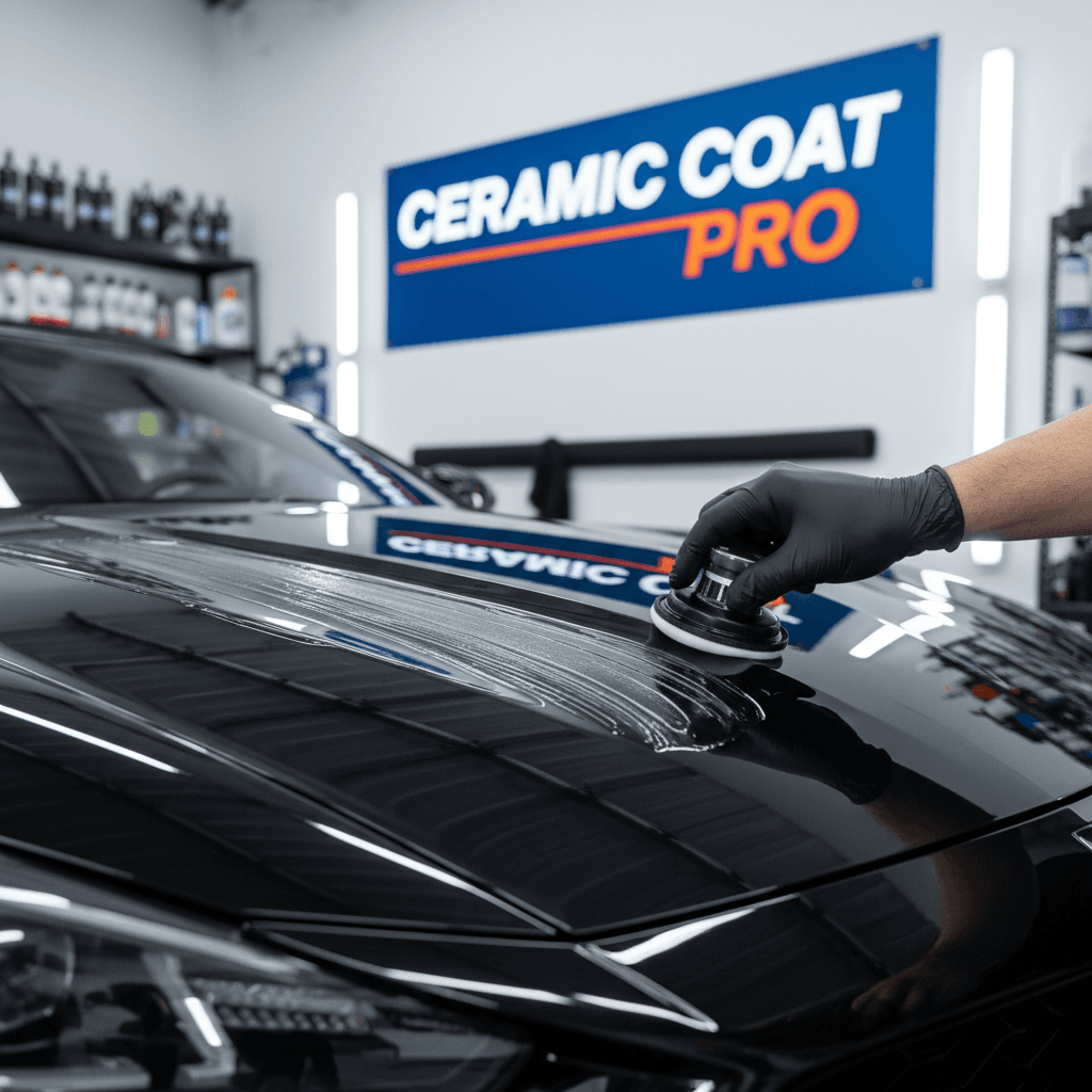 Professional detailer applying ceramic coating to car exterior