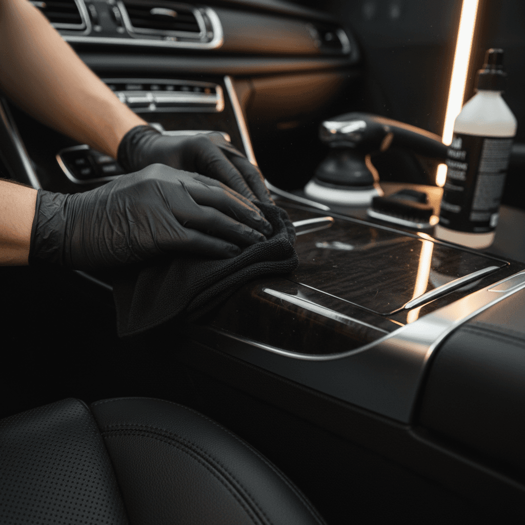 Close-up of professional interior car detailing work