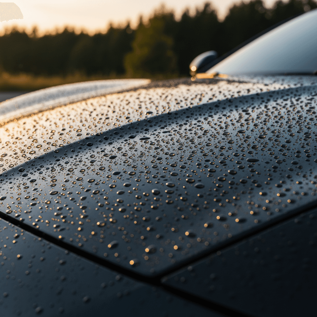Ceramic-coated car hood with water beads in sunlight