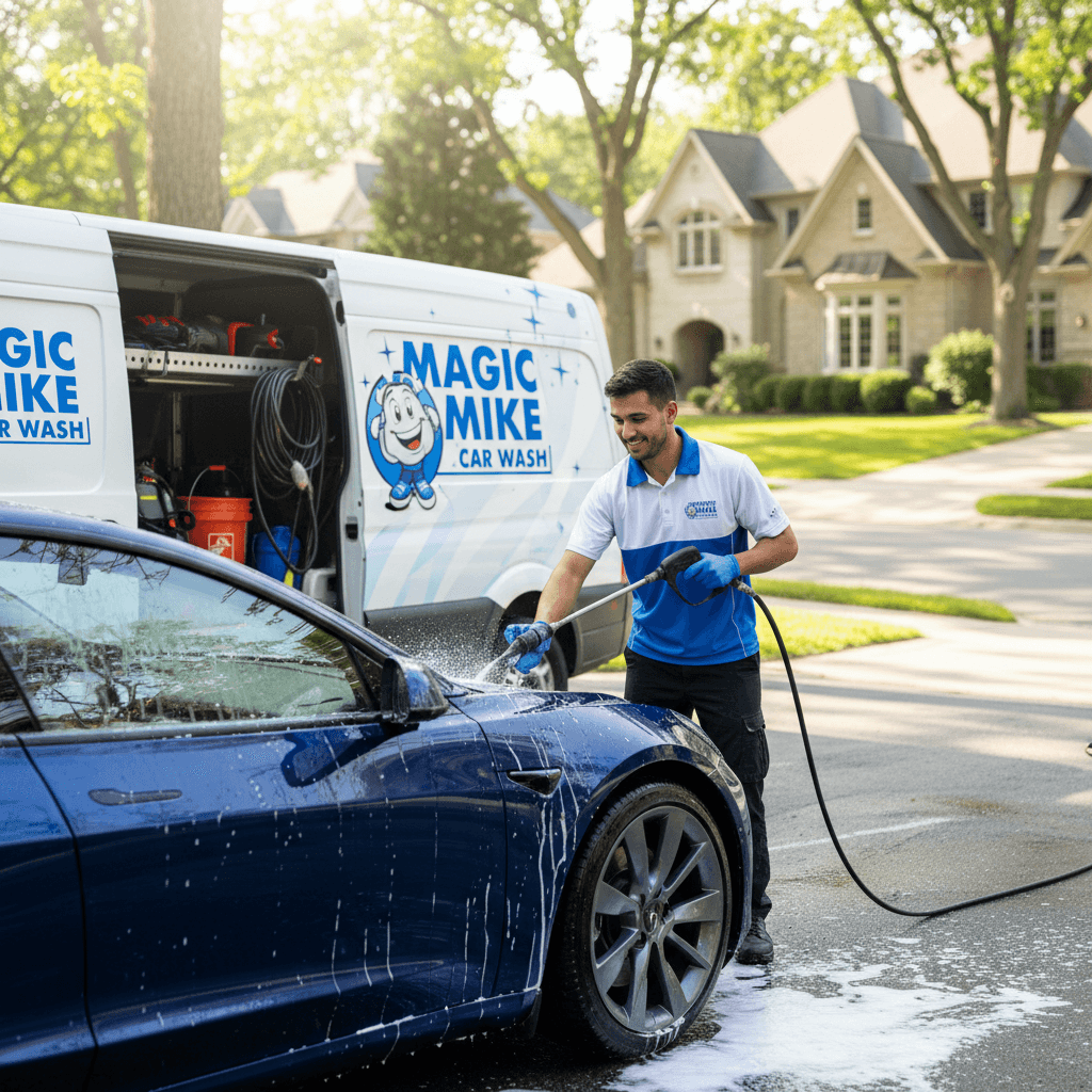 Mobile car wash van with technician detailing a car in a residential driveway