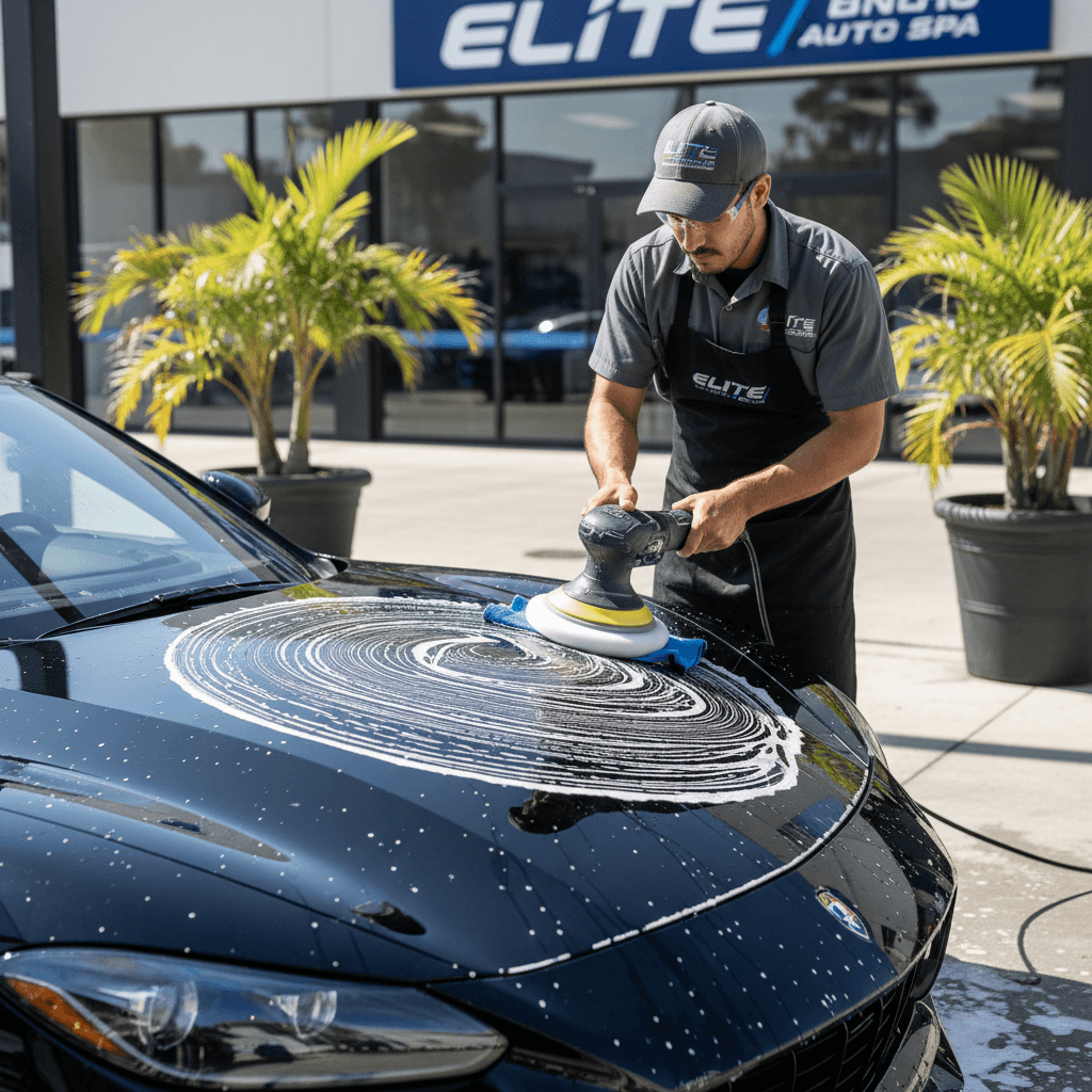 Professional car detailer polishing vehicle exterior