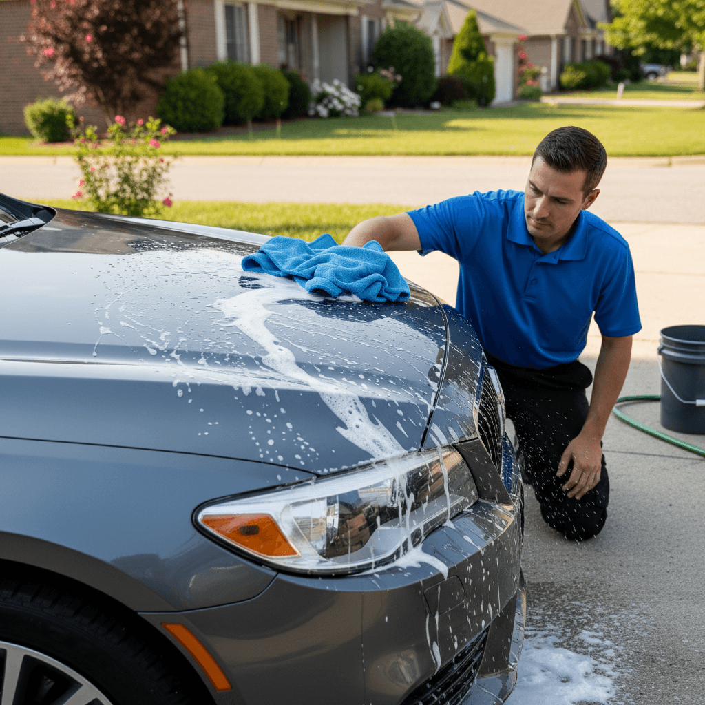 Mobile car wash service at residential home