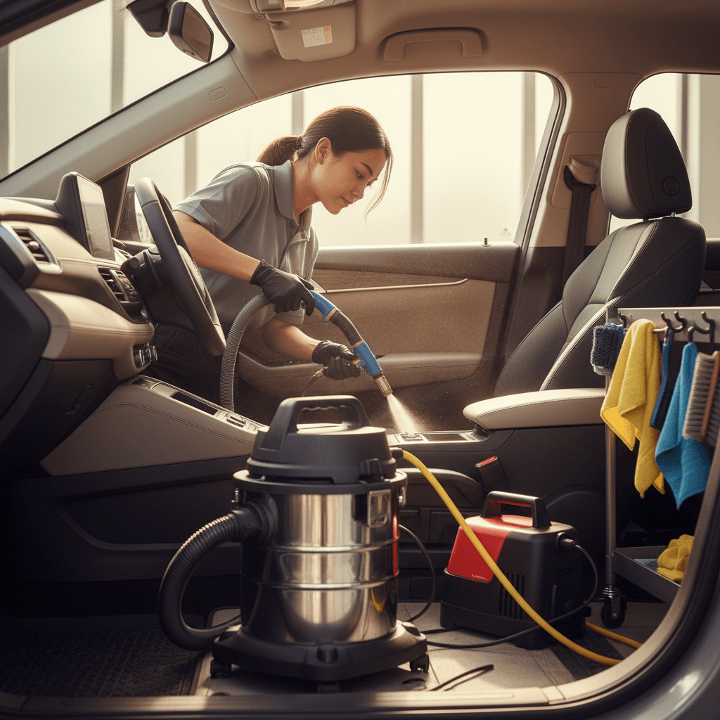 Mobile detailing van parked in residential driveway with professional washing equipment setup