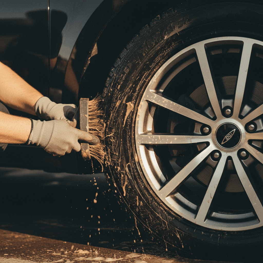 Detailer scrubbing and cleaning vehicle wheel and tire